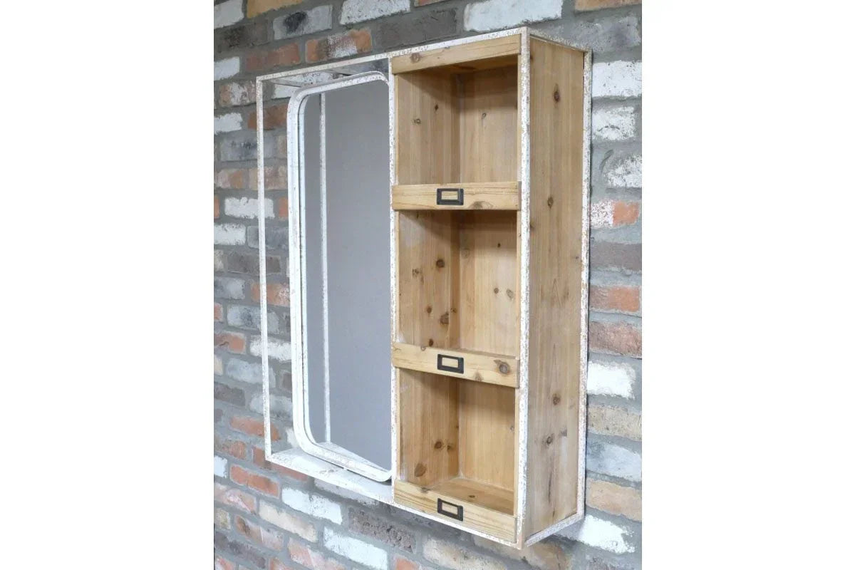 Rustic wooden wall cabinet with open shelves and drawers, mounted on brick wall