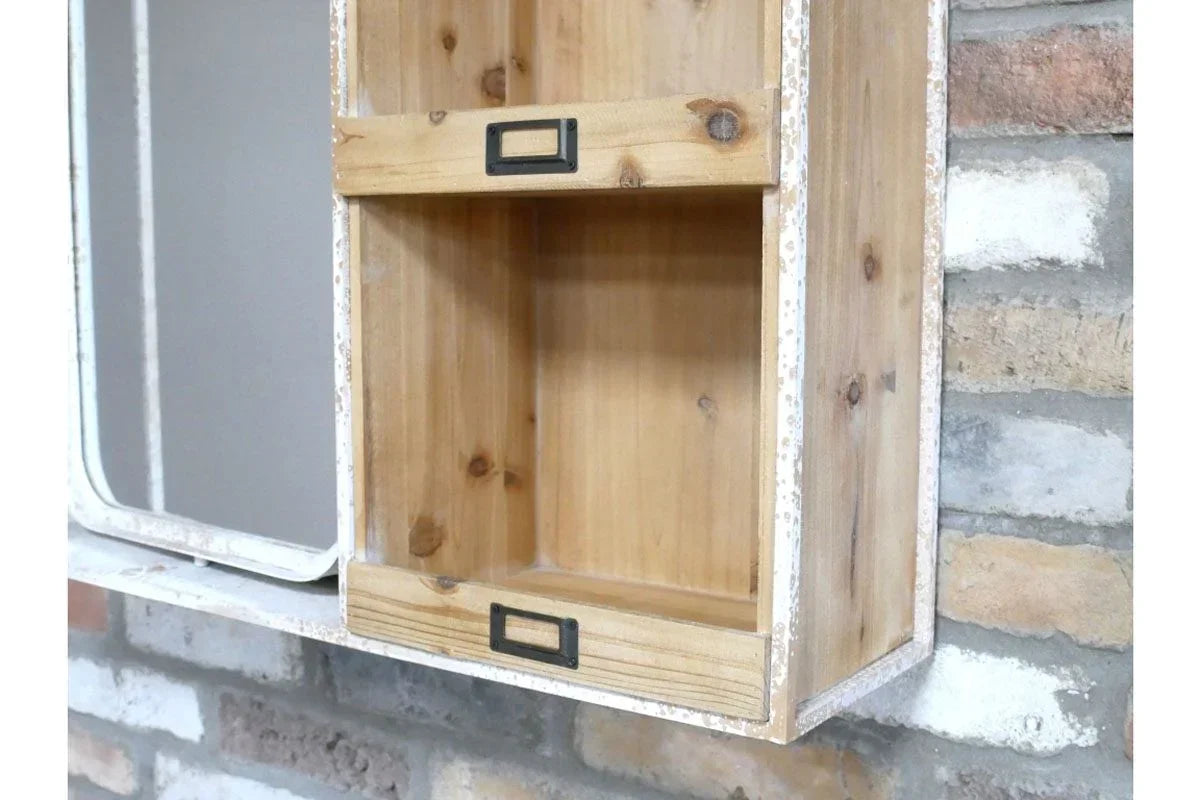 Rustic wood wall shelf with two open compartments and metal label holders