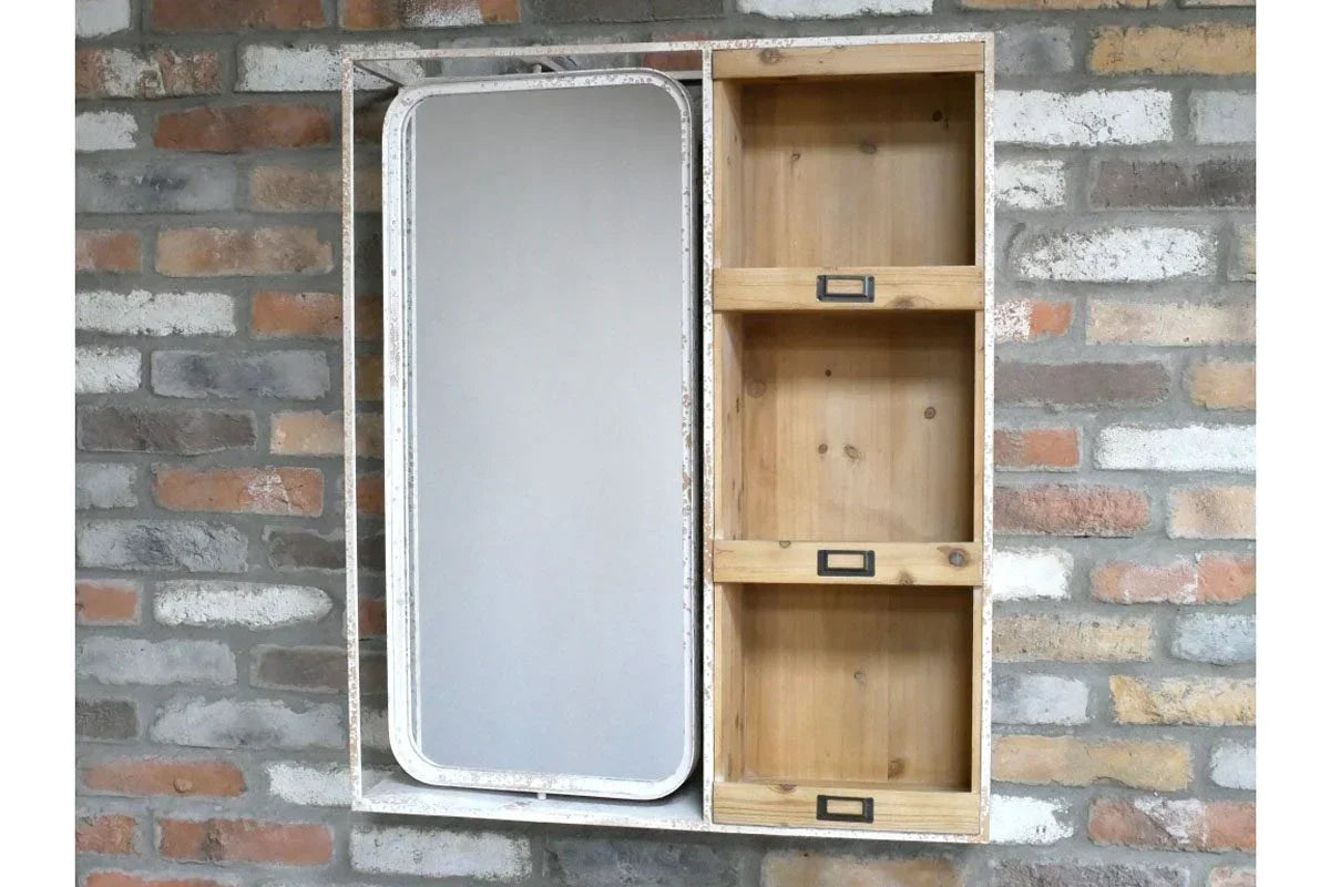 Wall mounted wooden bathroom cabinet with mirror and open shelving on brick wall