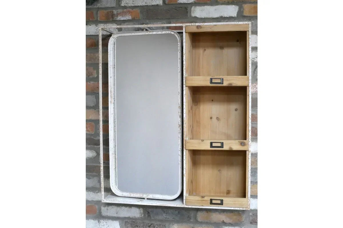 Rustic wooden wall cabinet with shelves and mirror, mounted on exposed brick wall
