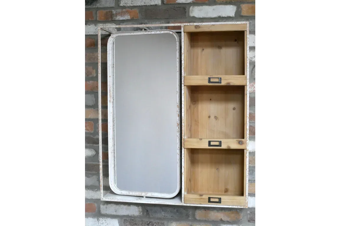 Wall mounted storage unit with two wooden shelves and rectangular mirror