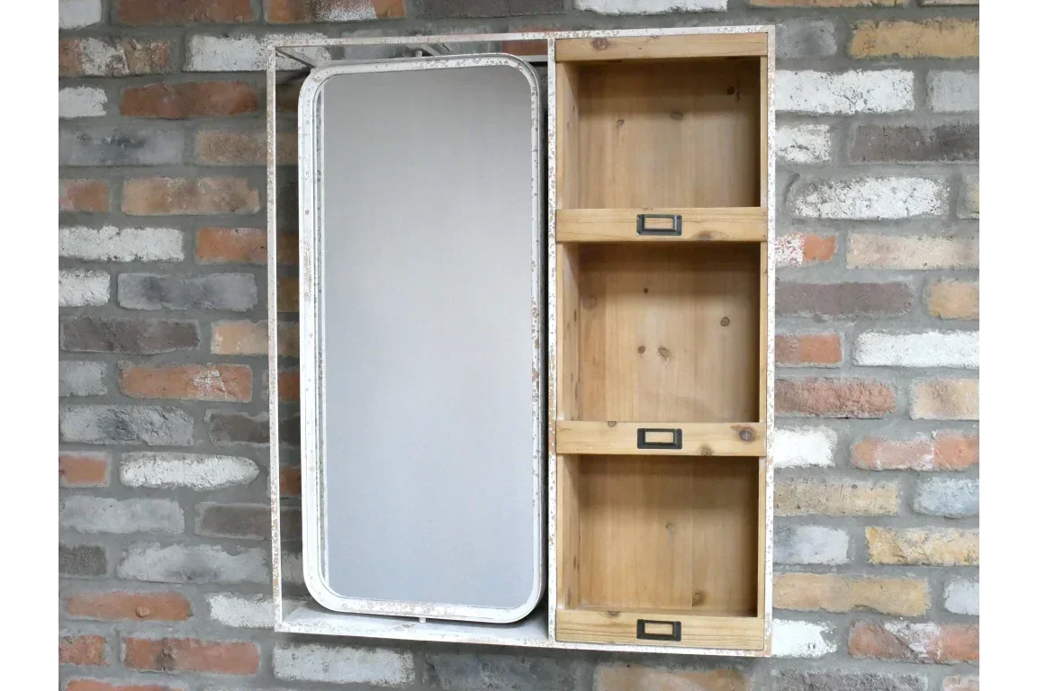 Industrial wall cabinet with sliding mirror door and wooden shelves mounted on brick wall