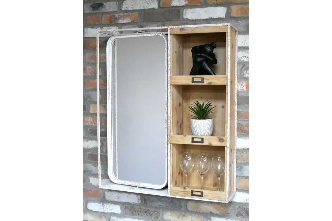 Wall mounted wooden cabinet with mirror, shelving, plant pot, decor and wine glasses