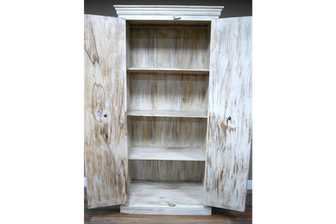 Large wooden cabinet with two open doors, three interior shelves, natural light wood finish, front view.