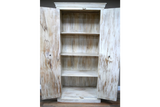 Large wooden cabinet with two open doors, three interior shelves, natural light wood finish, front view.