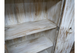Large wooden cabinet with two shelves, distressed white finish, open door showing interior, front angled view.