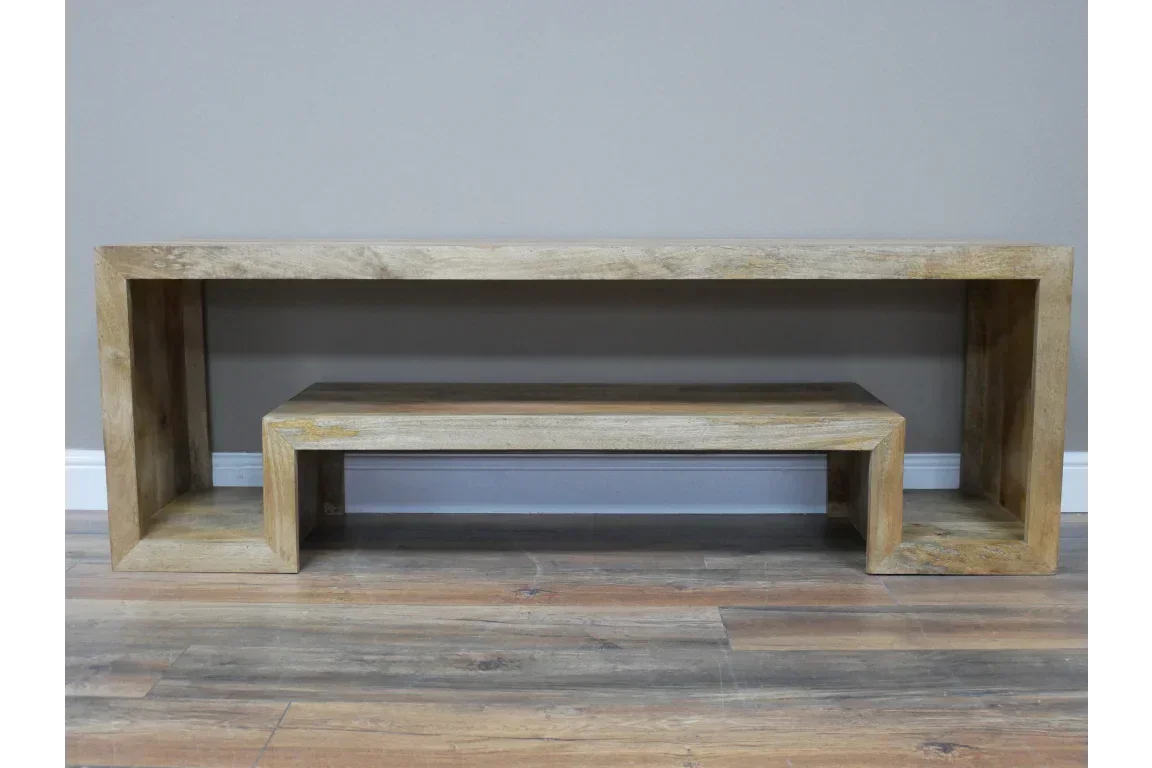 Two piece wooden console table set with a natural finish and modern rectangular design