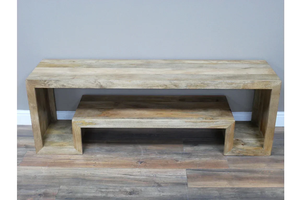 Rectangular solid wood console table with nesting bench on wooden floor