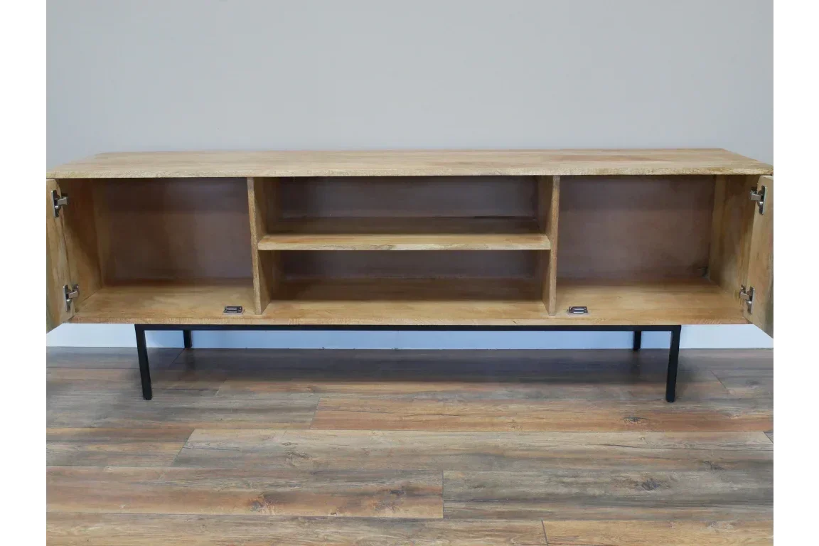 Wooden sideboard with open shelves and cabinet doors on black metal legs