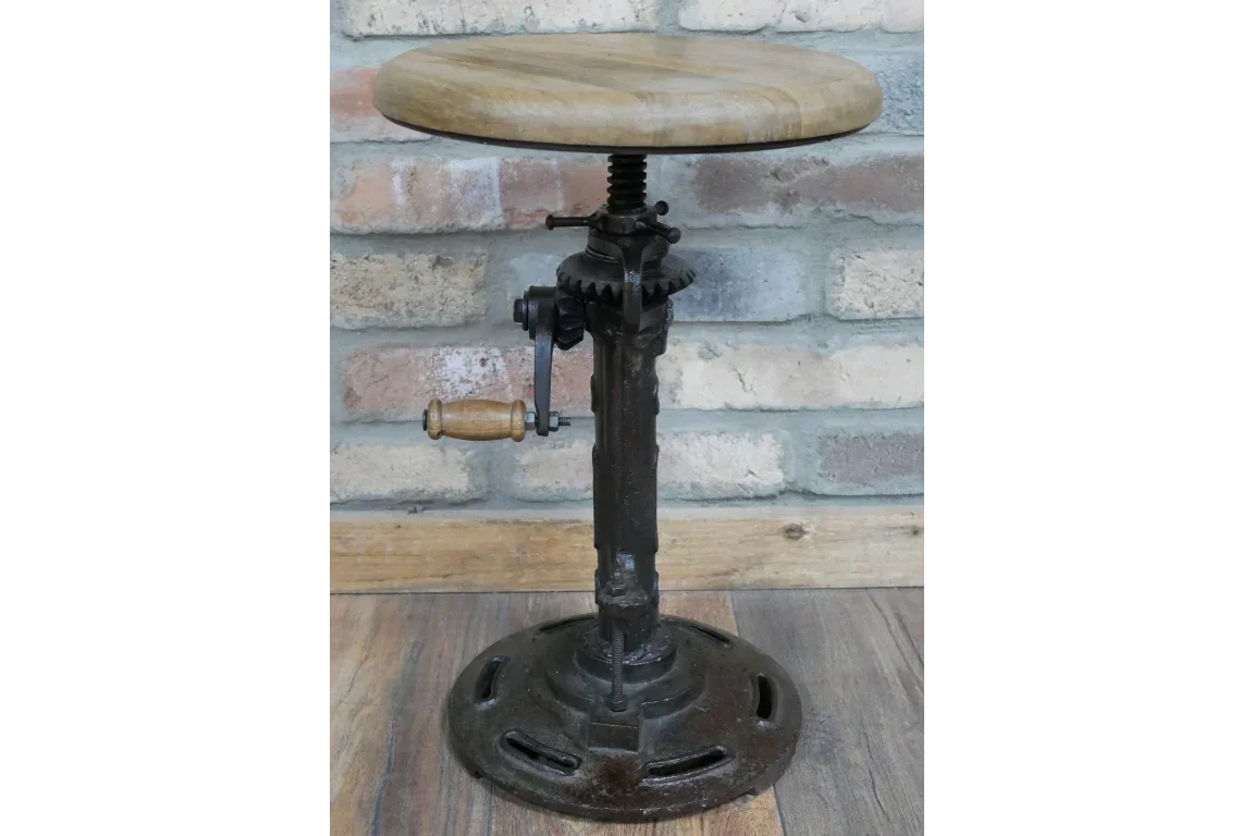 Industrial adjustable bar stool with round wood seat and cast iron base