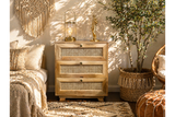 The rattan small chest of drawers features three woven front drawers, a natural wood finish, and a compact design, perfect for adding style and storage to any space