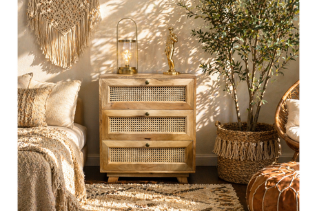 The rattan small chest of drawers features three woven front drawers, a natural wood finish, and a compact design, perfect for adding style and storage to any space