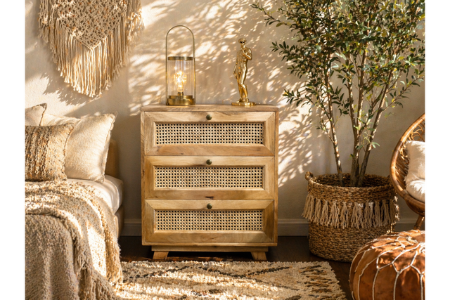 The rattan small chest of drawers features three woven front drawers, a natural wood finish, and a compact design, perfect for adding style and storage to any space