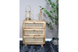 This small chest of drawers features a natural wood finish, three woven rattan front drawers, and round brass knobs, perfect for adding a touch of rustic charm to any space