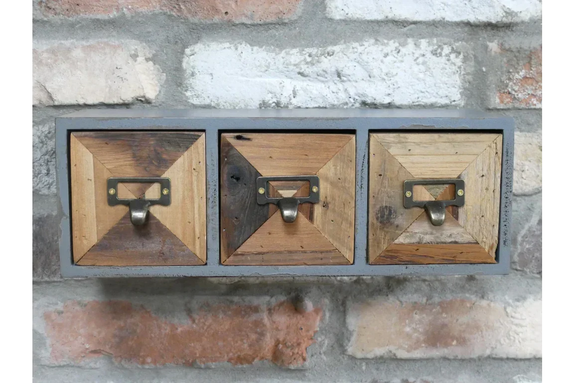 Rustic wood wall mounted storage unit with three drawers and metal handles