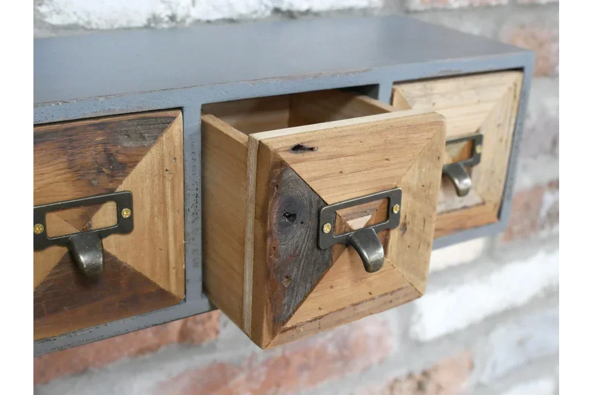 Rustic wood wall mounted storage unit with three drawers and metal handles