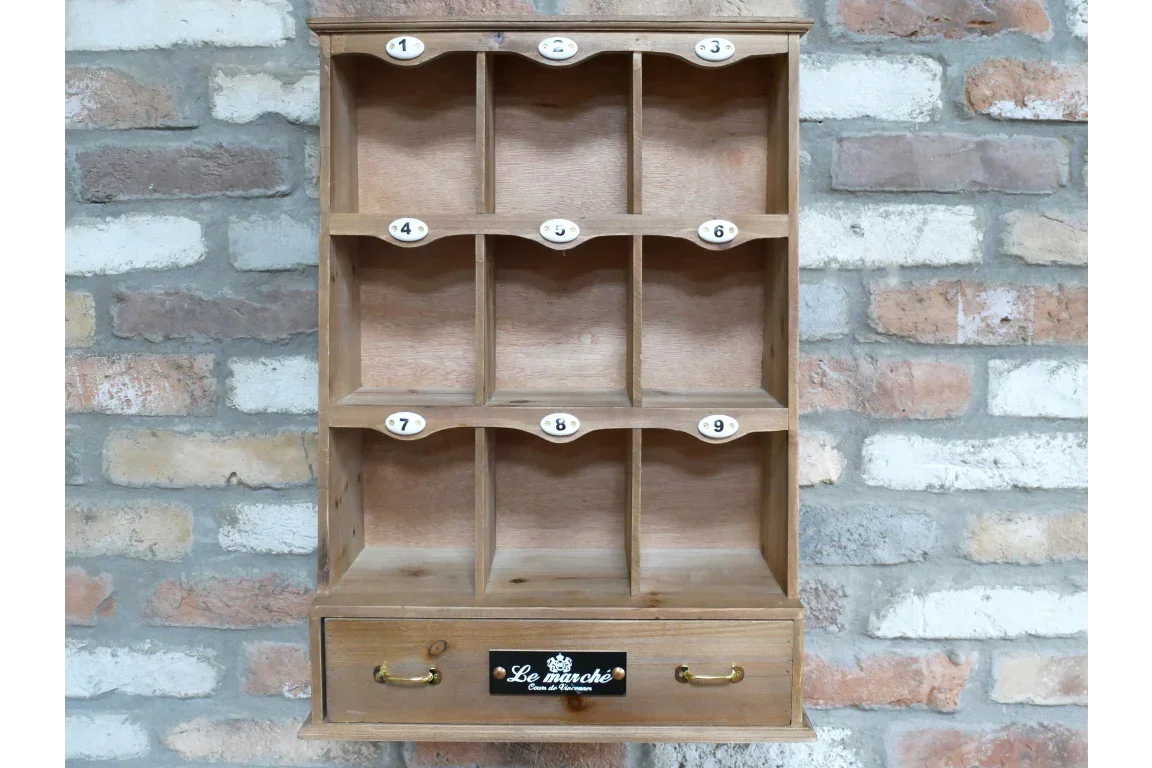 Rustic wooden wall organiser with numbered cubby shelves and bottom drawer