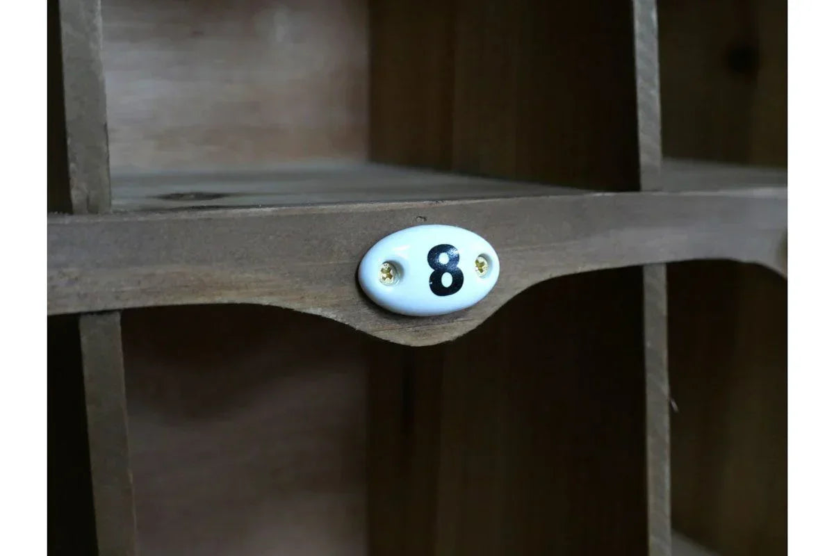 Wooden wine rack shelf with white ceramic number eight label and divided compartments