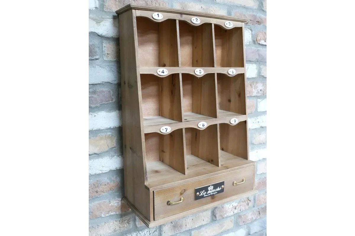 Rustic wooden wall shelf with nine numbered cubbies and a bottom drawer