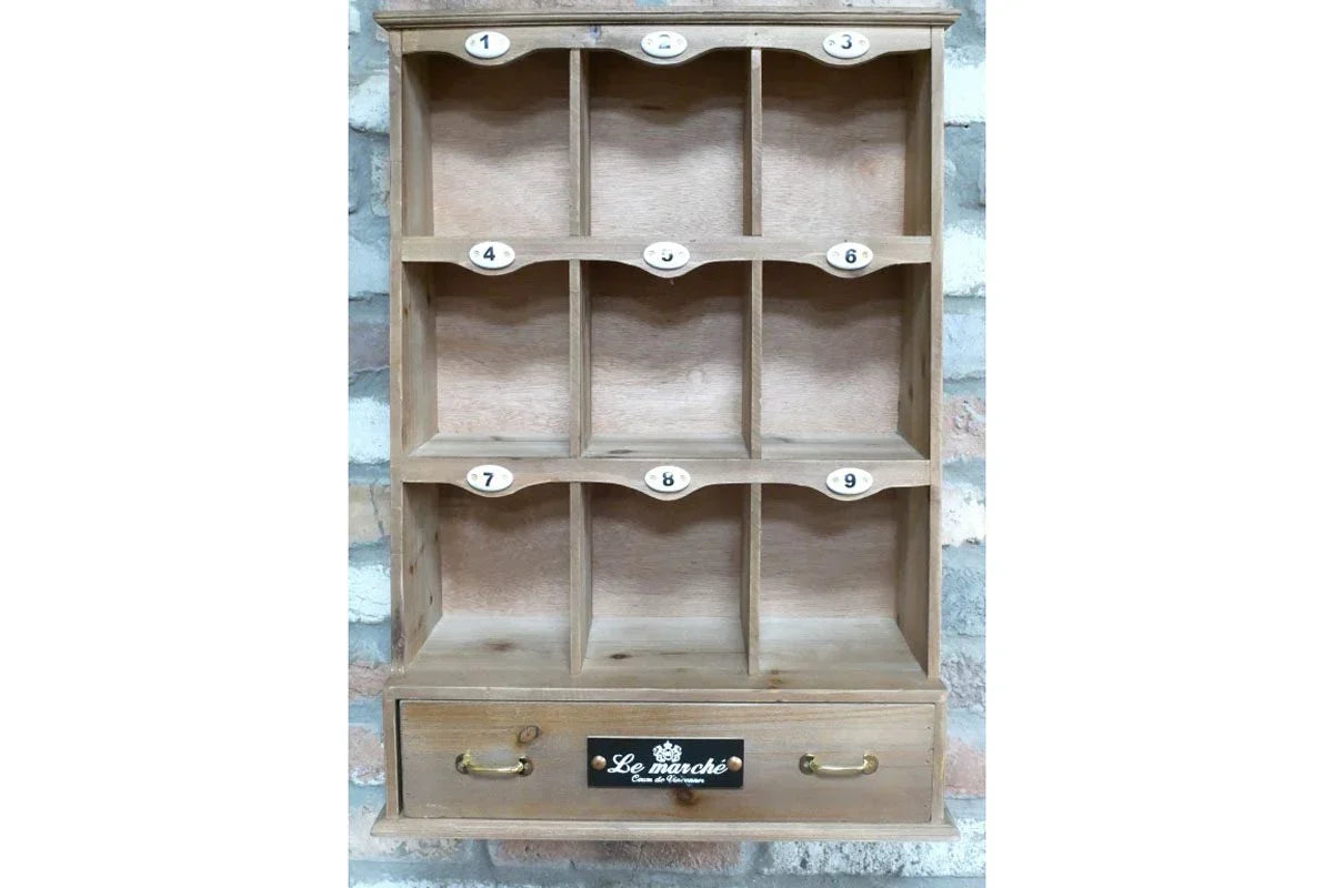Wooden wall shelf unit with nine numbered cubby holes and lower drawer, vintage style organizer