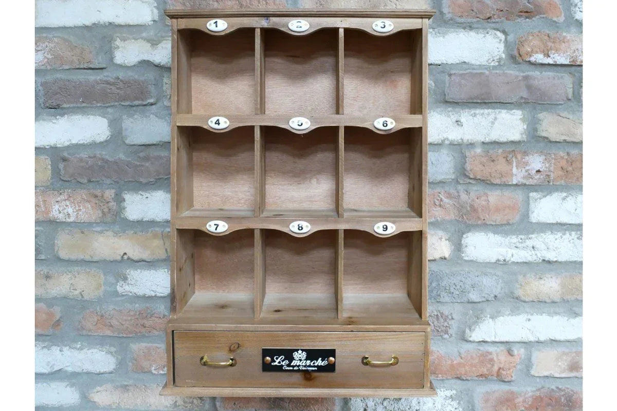 Rustic wooden wall organizer with numbered cubby shelves and brass handle drawer