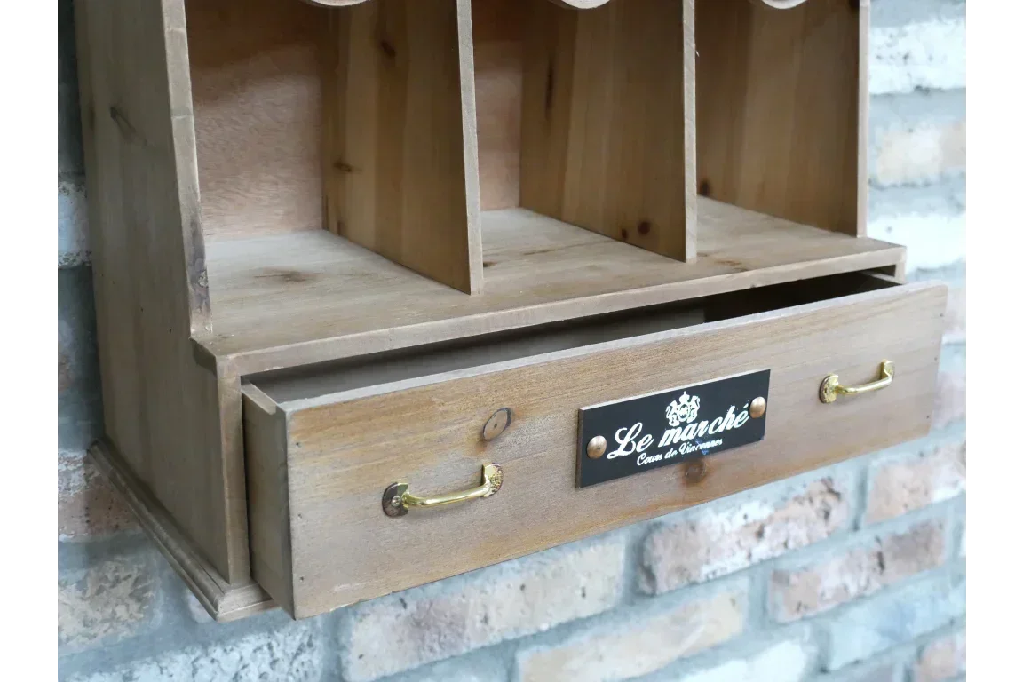 Wooden wall mounted storage unit with drawer and dividers, brass handles, rustic finish