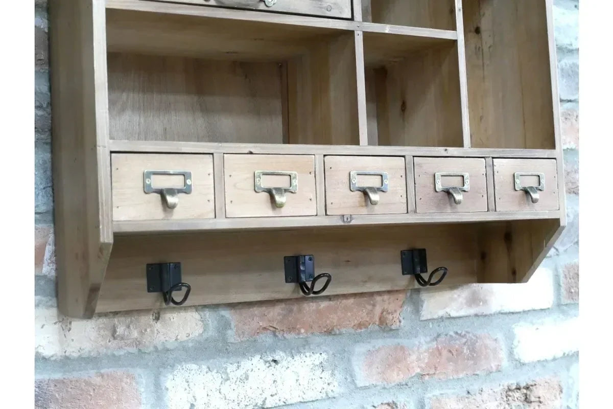 Wooden wall mounted storage unit with drawers, open shelves and black metal hooks