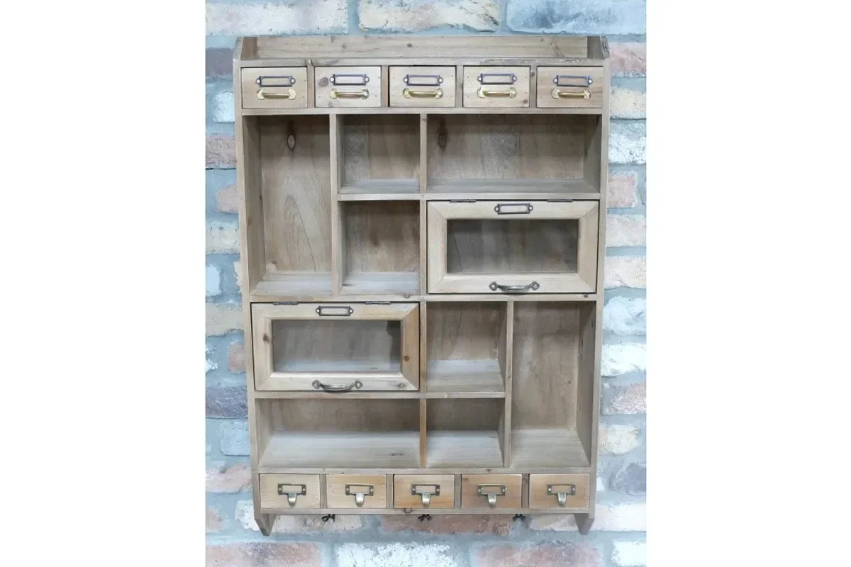 Rustic wooden wall storage unit with small drawers and open cubby shelves
