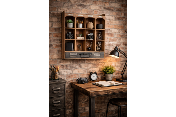Wall unit with 12 open wooden cubbies and a dark drawer, mounted on a brick wall above a wooden desk.