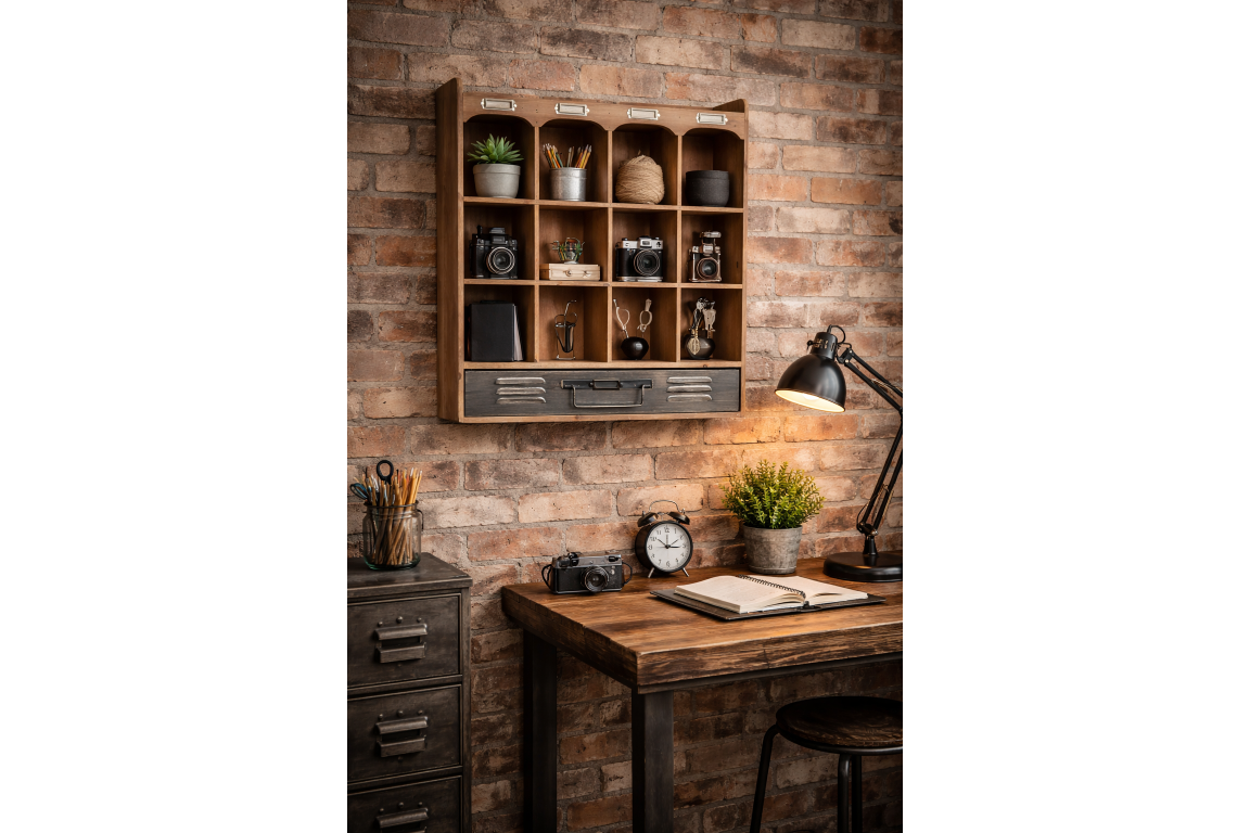 Wall unit with 12 open wooden cubbies and a dark drawer, mounted on a brick wall above a wooden desk.