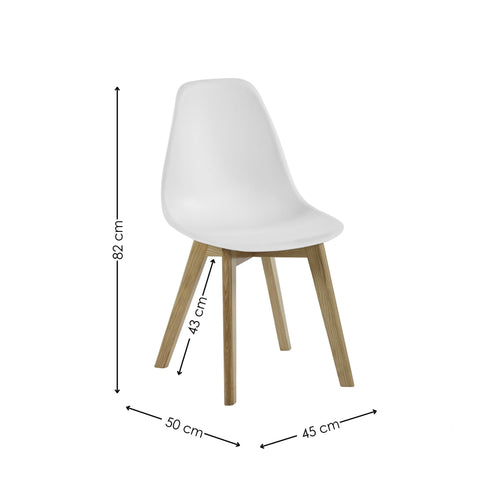 White dining chair with light wood legs showing height and width measurements