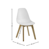 White dining chair with light wood legs showing height and width measurements