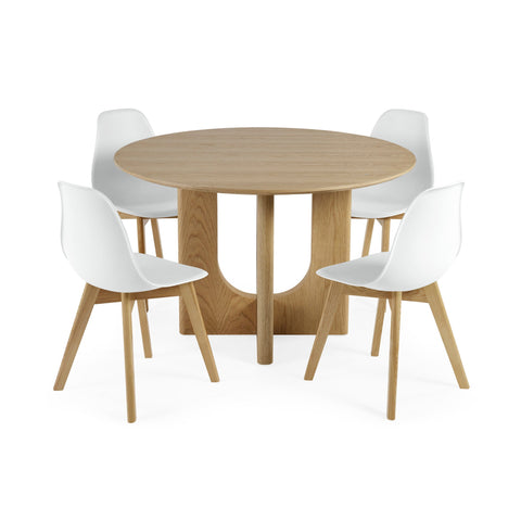Four white chairs with light oak legs around white marble table with black pedestal base