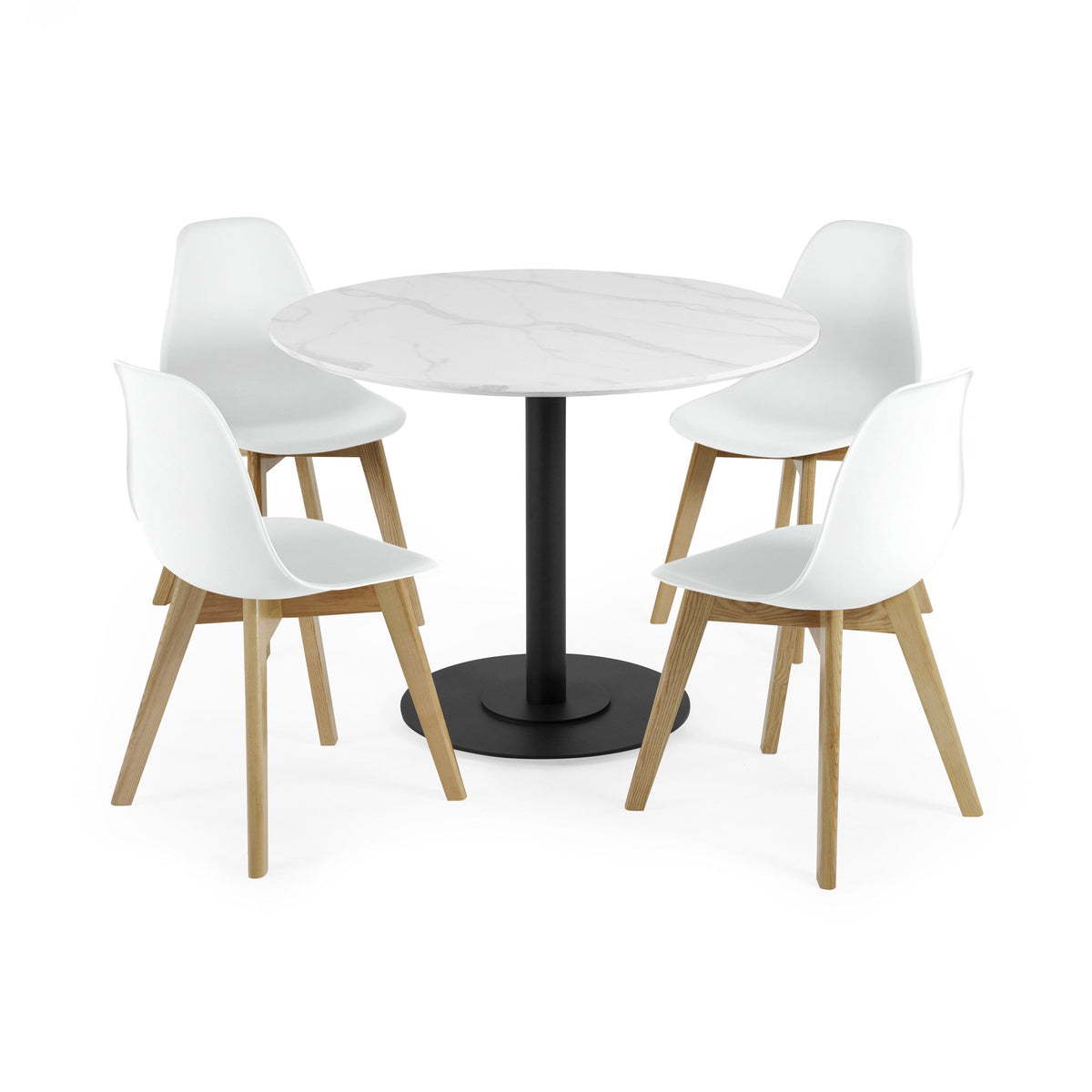 Four white chairs with light wood legs around round white marble table with black base