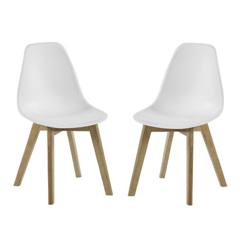 Front view of two white dining chairs with molded seats and angled wooden legs on white background