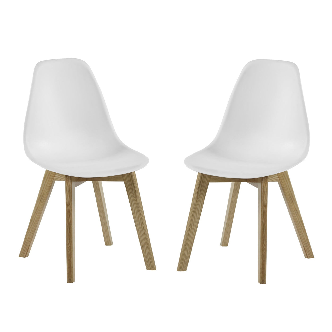 Front view of two white dining chairs with molded seats and angled wooden legs on white background