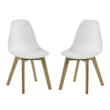 Front view of two white dining chairs with molded seats and angled wooden legs on white background