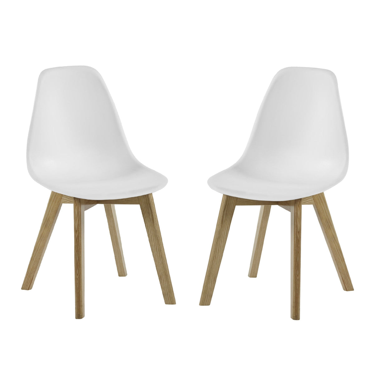Front view of two white dining chairs with molded seats and angled wooden legs on white background