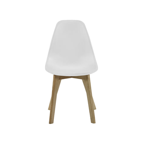 Side profile of white dining chair with contoured plastic seat and natural wood legs on white background