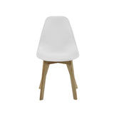 Side profile of white dining chair with contoured plastic seat and natural wood legs on white background
