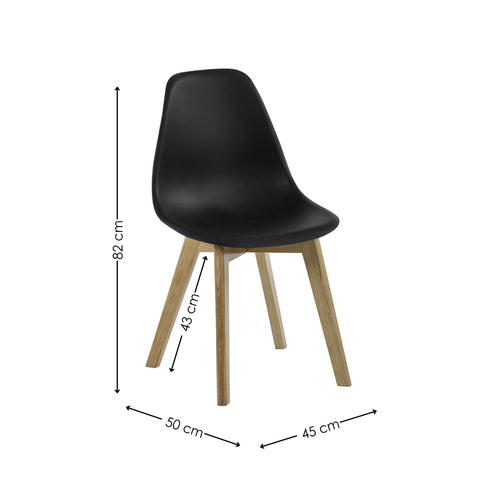 Dining chair with black seat and light wood legs with dimensions annotated on plain white background.