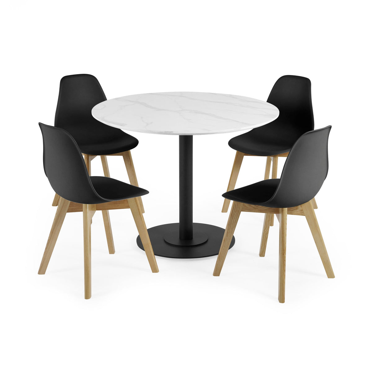 Four black chairs with wooden legs around round white marble table with black pedestal base on white background