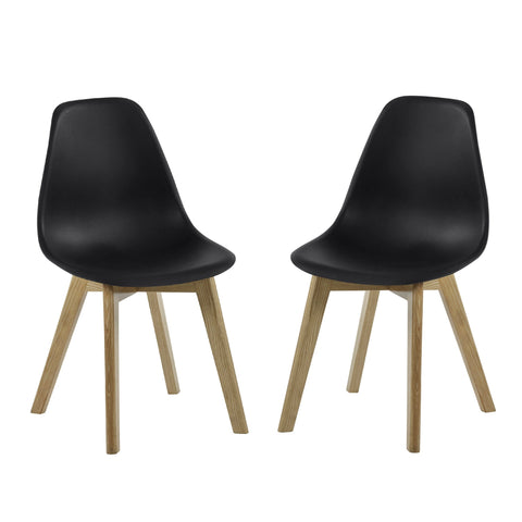 Pair of dining chairs with black curved seats and light wood legs on white background.