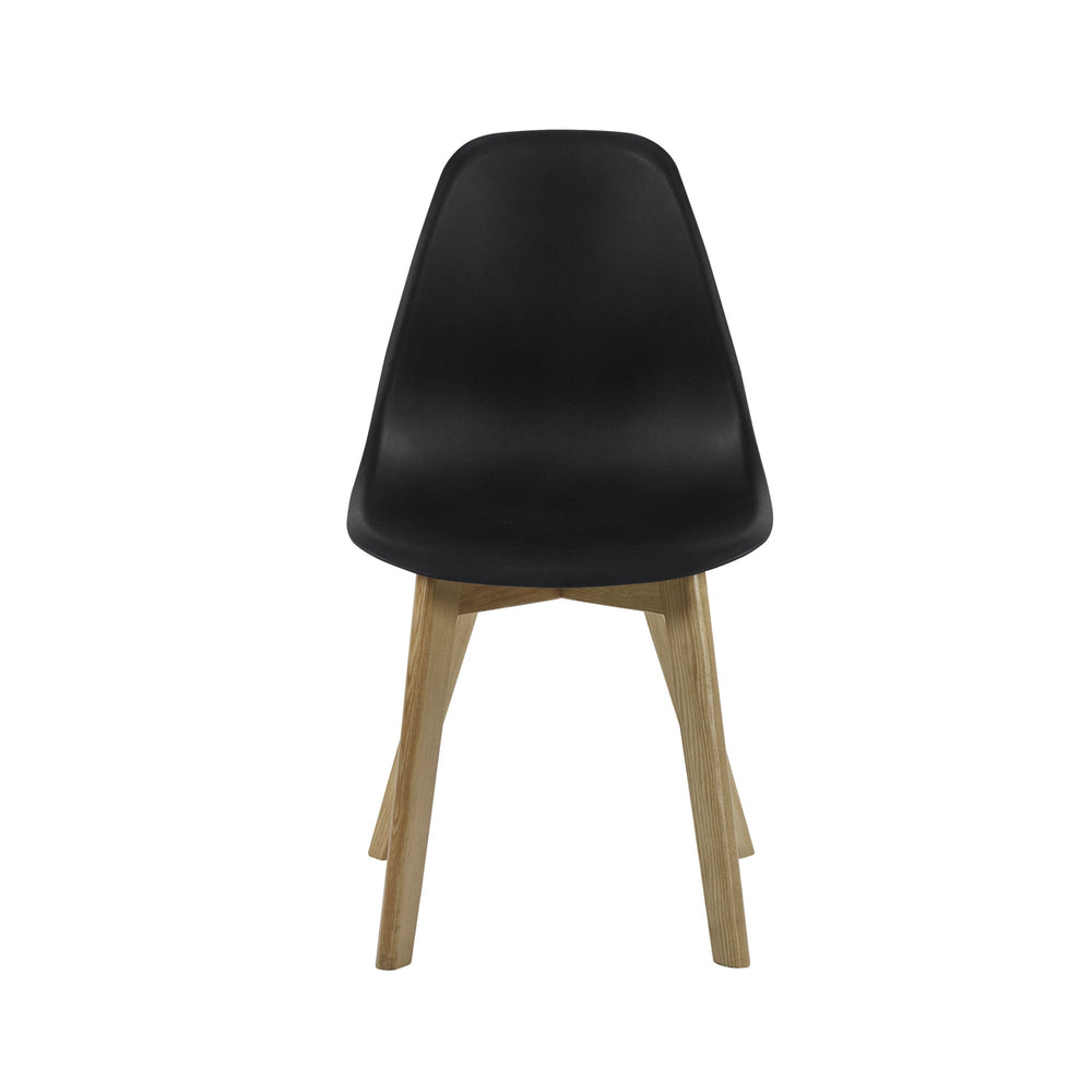 Dining chair with matte black seat and light wood legs front view on plain white background.