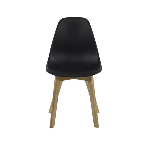 Dining chair with matte black seat and light wood legs front view on plain white background.