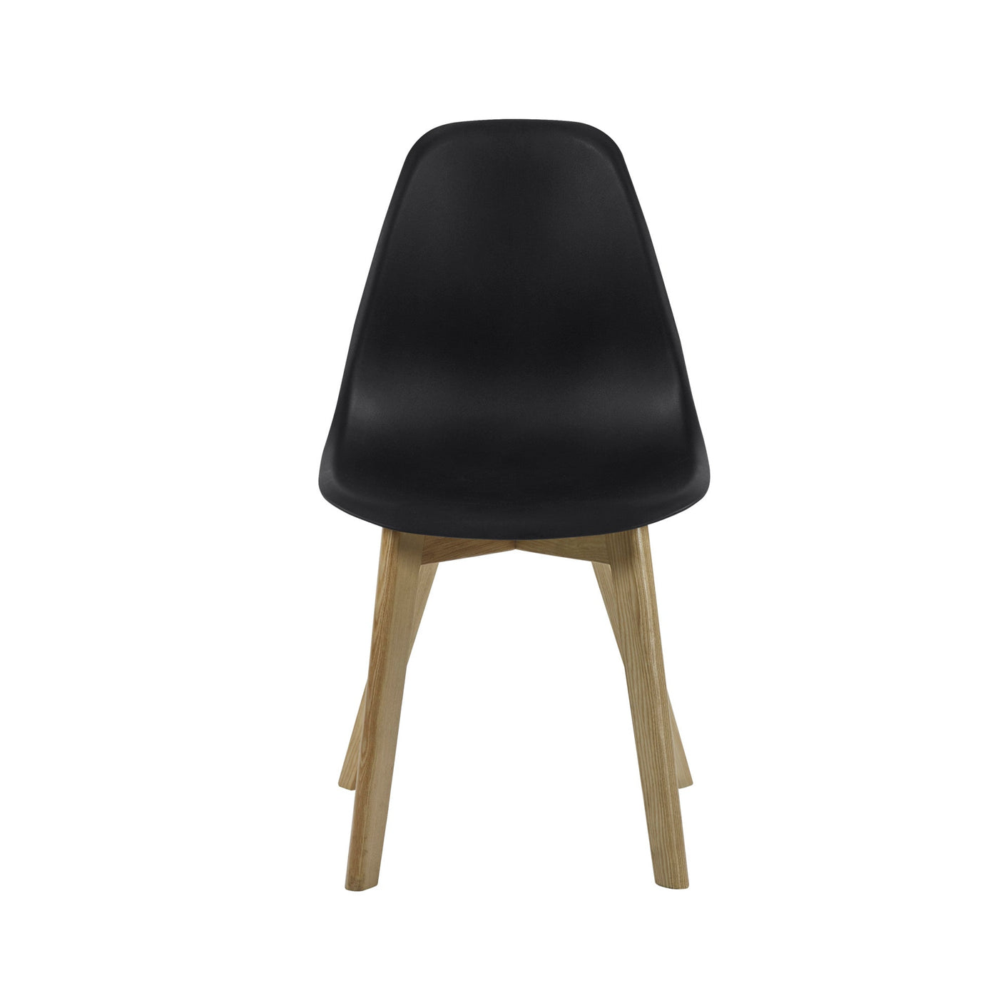 Dining chair with matte black seat and light wood legs front view on plain white background.