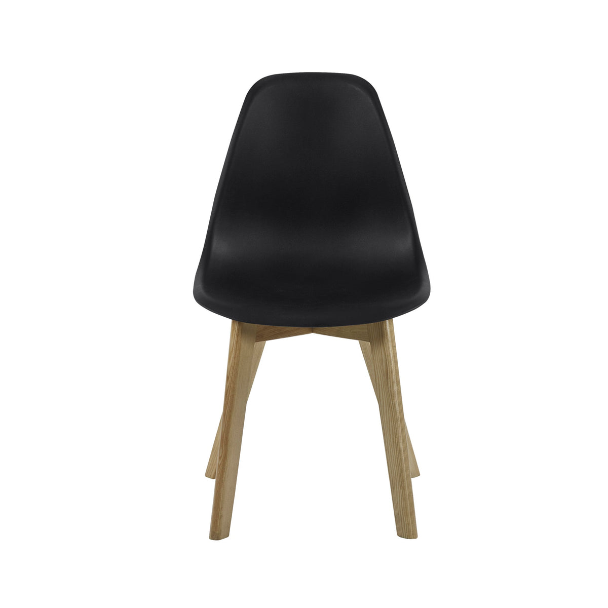 Dining chair with matte black seat and light wood legs front view on plain white background.