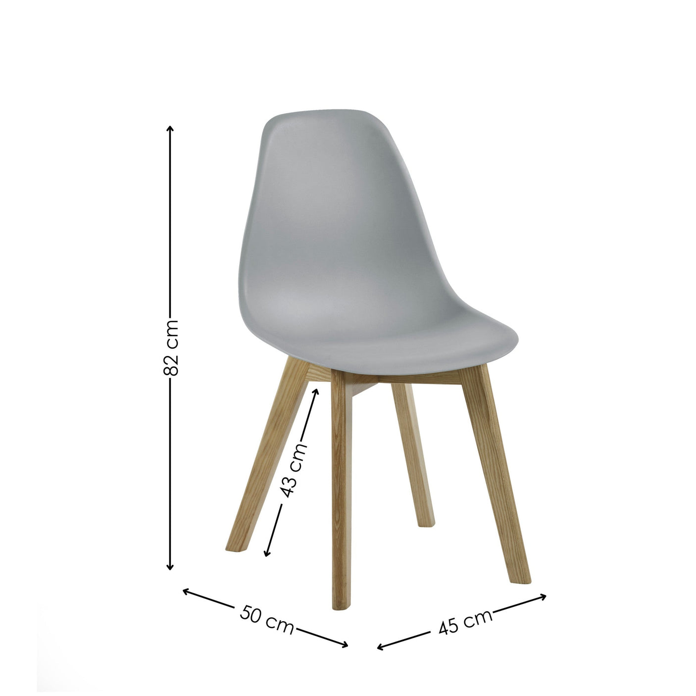 Grey chair with dimension lines showing 82 cm height, 50 cm depth, 45 cm width, and 43 cm seat height