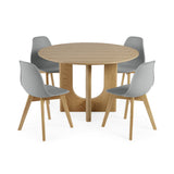 Dining set with four grey seat chairs with wooden legs around round natural wood dining table