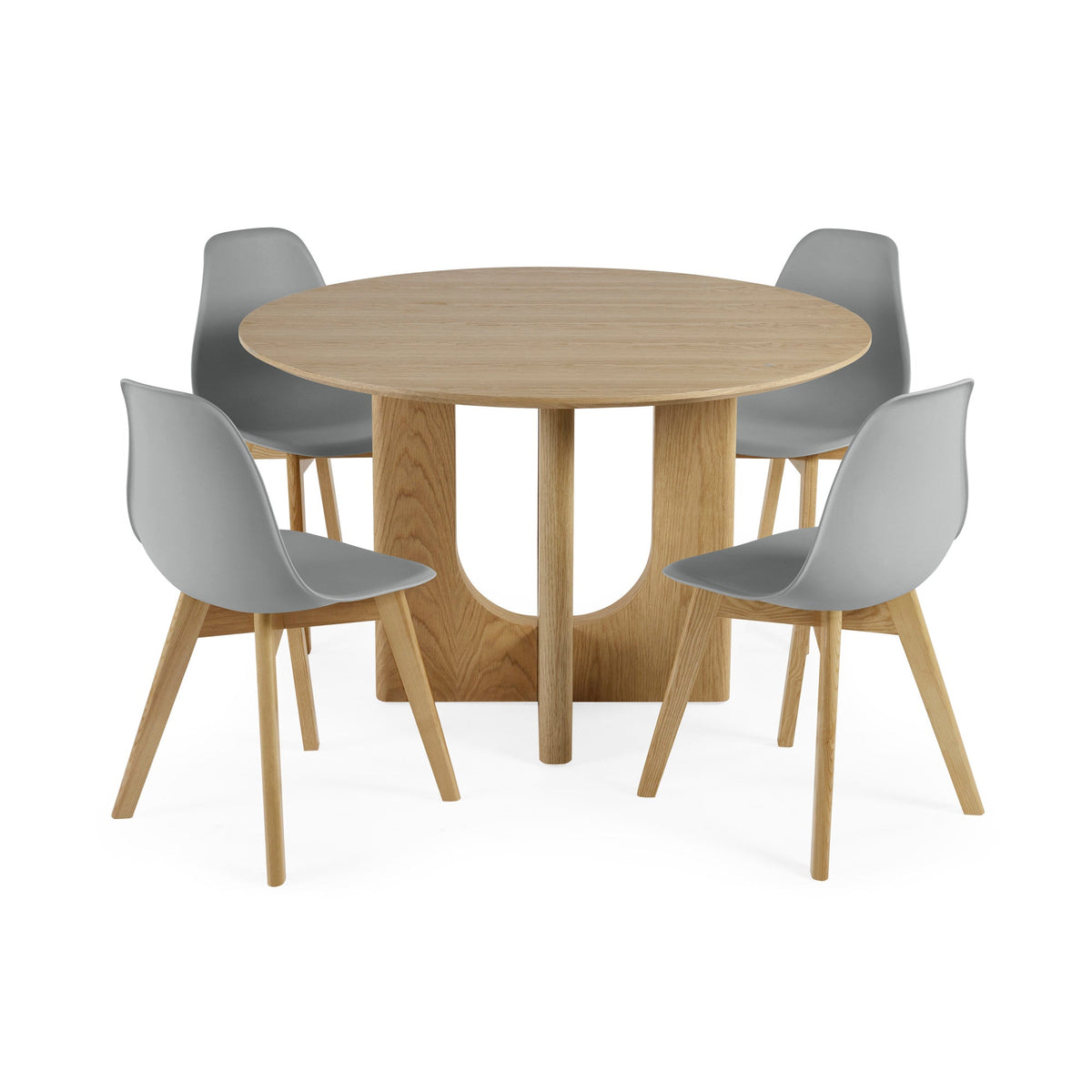Dining set with four grey seat chairs with wooden legs around round natural wood dining table